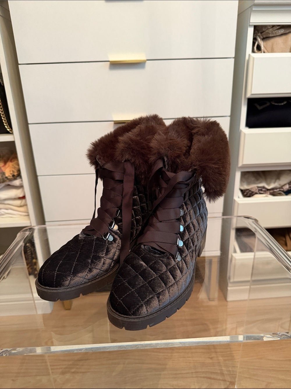 Isaac Mizrahi Quilted Velvet /Faux-Fur Trim Ribbon Lace-Up Ankle Boots Brown